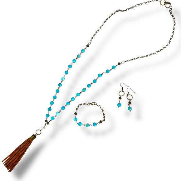 HANDMADE Turquoise & Antique Copper Jewelry Set   Western Rustic Artisan - Picture 1 of 4
